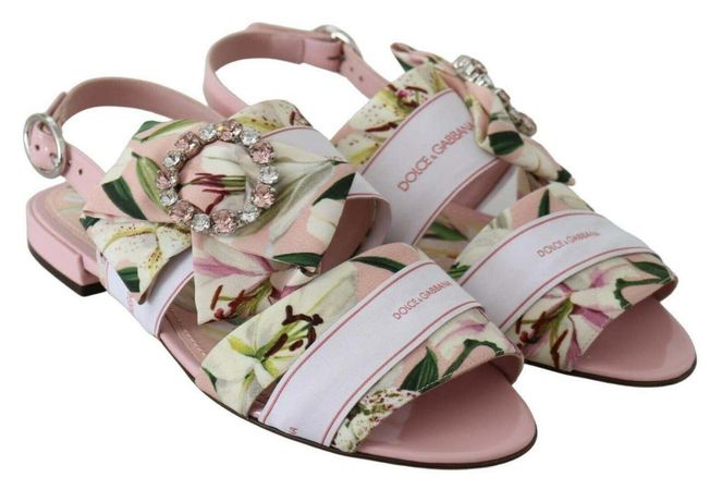 Dolce and Gabbana Pink Silk Floral Lily Bianca Flats Shoes Sandals Crystals DG For Sale at 1stDibs