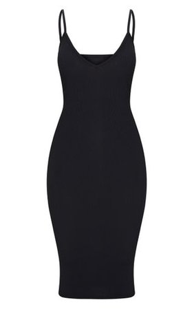 Black Ribbed Plunge Midi Dress | Dresses | PrettyLittleThing
