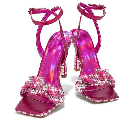Pink Holographic Leather Opened Square Toe Rhinestone Strappy Sandals With Decorative Heels