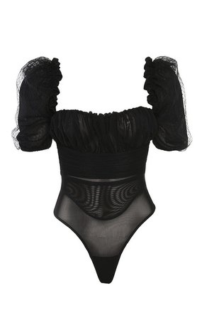 Clothing : Bodysuits : 'Nina' Black Ruched Mesh Bodysuit