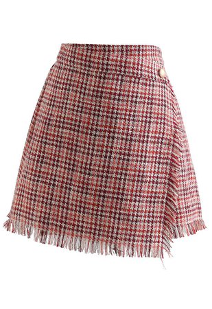Tasseled Houndstooth Tweed Mini Flap Skirt in Red - Retro, Indie and Unique Fashion