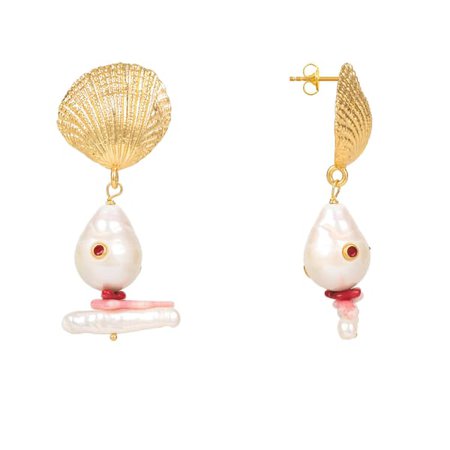 Scallop Shell Baroque Pearl Coral Earring Gold | LATELITA | Wolf & Badger