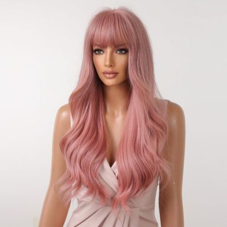 Cute Pink Long Wavy Synthetic Wig with Bangs Natural Wave Hair Wigs for Women | eBay
