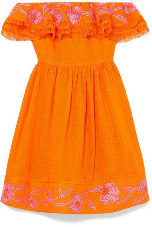 Marietta Off-the-shoulder Embroidered Canvas Mini Dress - Orange