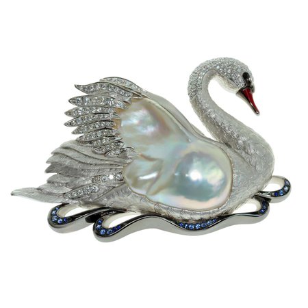 Mousson Atelier Diamond Freshwater Pearl 18 Karat White Gold Swan Brooch