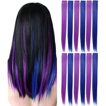 Amazon.com : YaFex 12 Pcs Clip in Hair Extensions, 22 Inch Colored Hair Extensions Party Highlights Long Straight Synthetic Hairpieces for Women Kids Girls (Purple + Sapphire Blue) : Beauty & Personal Care
