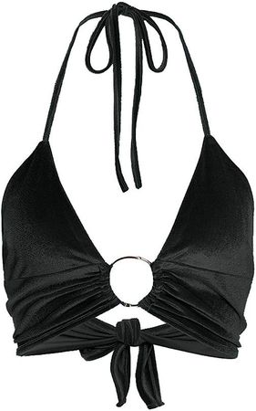 Women Deep V-Neck Self-Tie Camisole Metal Ring Halter Backless Crop Top(Black, Medium) at Amazon Women’s Clothing store