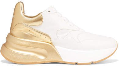 Metallic-trimmed Leather Exaggerated-sole Sneakers - Gold
