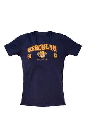 Navy Brooklyn Print Varsity T Shirt | Tops | PrettyLittleThing USA