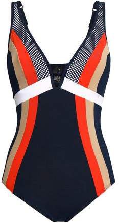 Ultraluxe Plunged Mesh-paneled Color-block Underwired Swimsuit