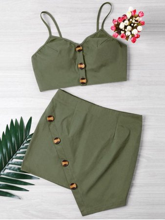 [32% OFF] [HOT] 2019 Buttoned Crop Top And Mini Skirt Set In ARMY GREEN | ZAFUL Europe