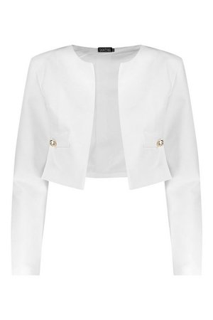 Woven Collarless Button Cropped Jacket | Boohoo