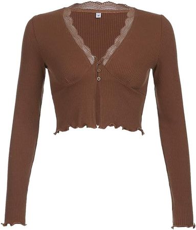 Amazon.com: LSJSN Sweet Deep V-Neck Lace Trim Crop Tops Fashion Slit Hem Long Sleeve Brown T-Shirts Vintage 90S Aesthetics Top : Clothing, Shoes & Jewelry