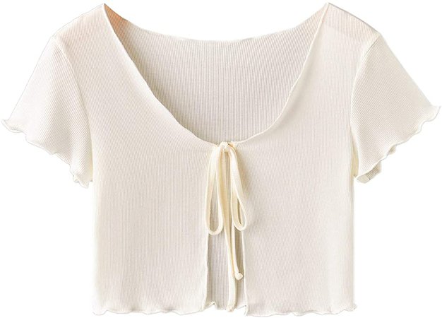 SweatyRocks Women's Tie Up Crop Top Short Sleeve Ribbed Knit Open Front Cropped Shirts at Amazon Women’s Clothing store