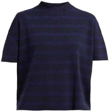 Drop Shoulder Rib Knitted Cashmere T Shirt - Womens - Navy Multi