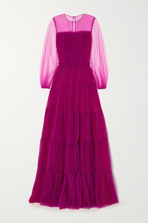Tiered Pleated Tulle Gown - Pink