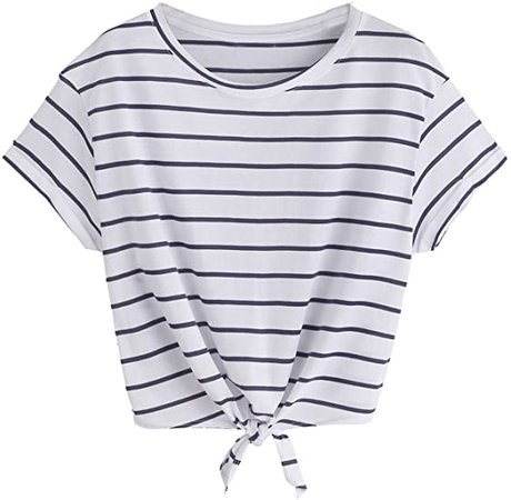 ROMWE Women's Knot Front Long Sleeve Striped Crop Top Tee T-shirt, Green & White, Medium(US 4-6) at Amazon Women’s Clothing store