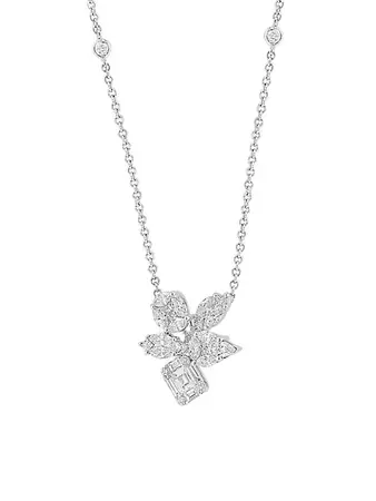 Shop Saks Fifth Avenue Collection 14K White Gold & 1.35 TCW Diamond Cluster Pendant Necklace | Saks Fifth Avenue