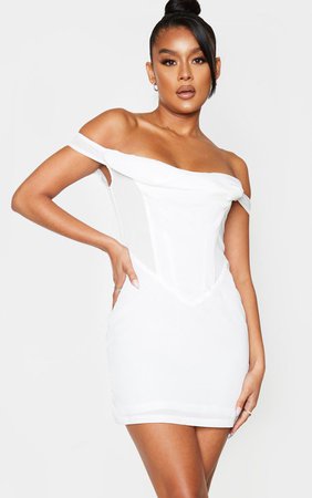 White Woven Bardot Bodycon Dress | Dresses | PrettyLittleThing