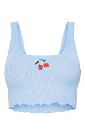 Baby Blue Embroidered Cherry Rib Crop Top