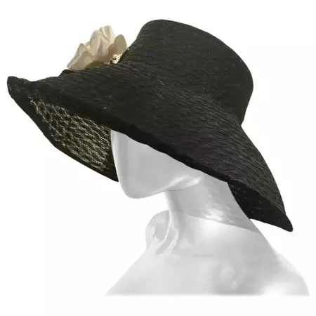 Eric Javits Black Woven “Breakfast at Tiffany’s” Glamour Hat with Rose For Sale at 1stDibs
