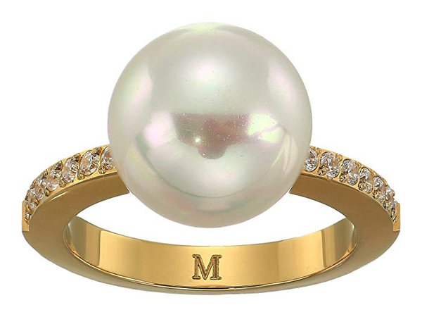 Majorica 12mm Round Pearl Yellow Plated Ring with 1.25mm Of CZ Accents