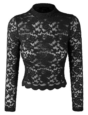 Sexy Floral Lace Mock Neck Long Sleeve Crop Top