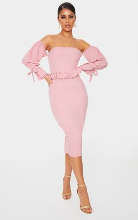 Dusty Pink Pleated Waist Bardot Midi Dress | PrettyLittleThing