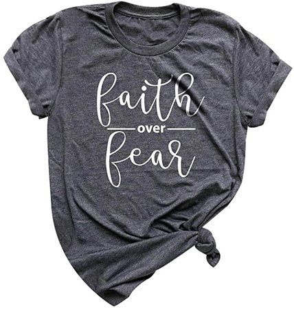 Faith Over Fear Print Women T-Shirts Funny Sayings Graphic 0-Neck Tee Tops