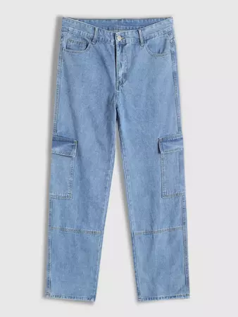 Men's Daily Streetwear Light Wash Multi-pocket Loose Straight Leg Cargo Jeans In LIGHT BLUE | ZAFUL 2023