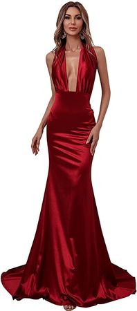 Miss ord Women's Sexy Satin V Neck Bodycon Evening Gown, Formal Elegant Long Halter Party Dress Red at Amazon Women’s Clothing store