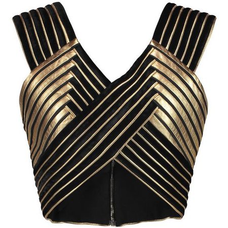 Balmain Cropped paneled leather and velvet top | ShopLook