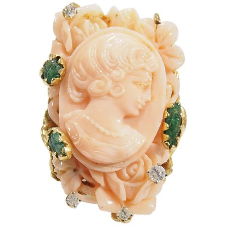 Emerald Diamond Ring Carved Coral Cameo Yellow Gold