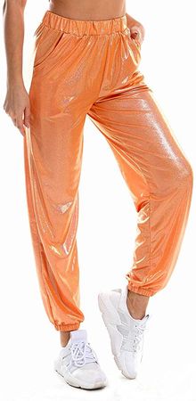 IWEMEK Women Shiny Metallic Pants Holographic Loose Sweatpants Casual Holographic Jogger Sweatpants Punk Hip Hop Trousers Streetwear Silver Disco Pants with Pocket Orange Small at Amazon Women’s Clothing store