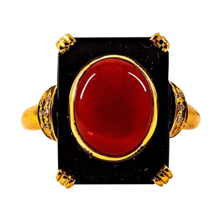 Art Deco White Diamond Mediterranean Red Coral Onyx Yellow Gold Cocktail Ring For Sale at 1stDibs
