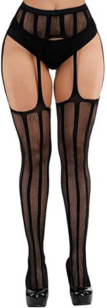 *clipped by @luci-her* Confonze Women's High Waist Fishnet Tights Suspenders Pantyhose Thigh High Stockings Black (Black-6053) at Amazon Women’s Clothing store