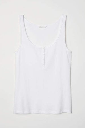 Ribbed Tank Top with Buttons - White