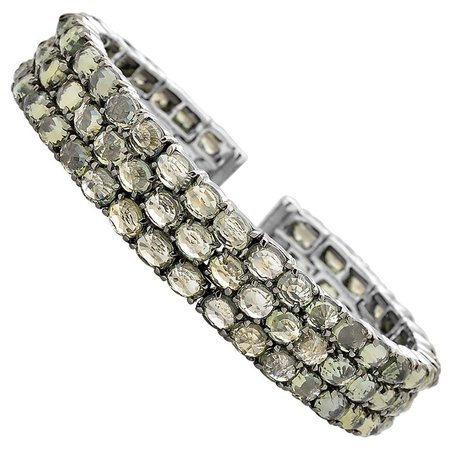 Paolo Costagli 18 Karat White Gold Green Sapphire and Diamond Cuff Bracelet
