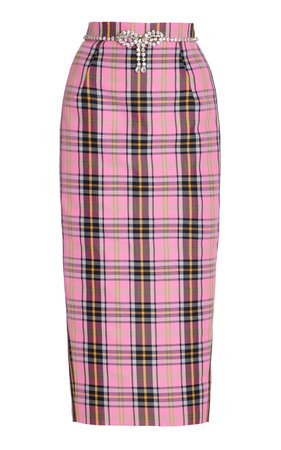 Crystal-Trimmed Plaid Wool-Blend Midi Skirt By Area | Moda Operandi