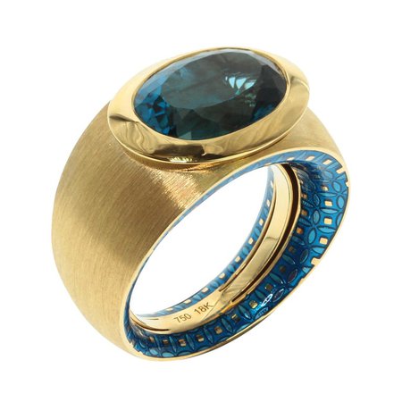 Mousson Atelier Blue Topaz Colored Enamel 18 Karat Yellow Gold Kaleidoscope Ring