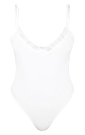 White Crepe Mesh V Neck Bodysuit | Tops | PrettyLittleThing