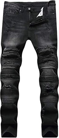 Liuhond Skinny Fashion Men's Ripped Straight Holes Hip Hop Biker Stretchy Jeans (30Wx30L, Black) at Amazon Men’s Clothing store: