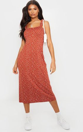 Terracotta Polka Dot Ruffle Strap Midi Dress | PrettyLittleThing