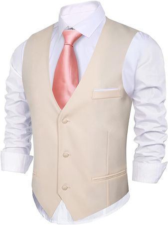 Barry.Wang Men's V-Neck Suit Vests Beige Fashion Formal Slim Fit Business Dress Vest Waistcoat at Amazon Men’s Clothing store
