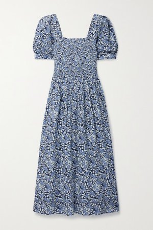 The Savanna Shirred Floral-print Cotton-voile Midi Dress - Blue
