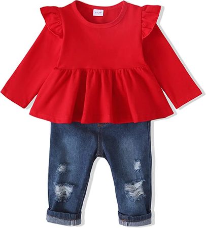 Baby Toddler Girl Clothes Ruffle Long Sleeve Top Little Girl Pants Set Cute Infant Toddler Girl Fall Winter Outfits 9M-4T
