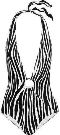Zebra-print Halterneck Swimsuit - Black