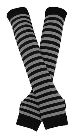 gray and black striped arm warmers