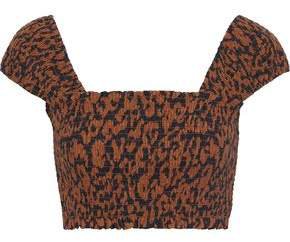 Cropped Shirred Printed Cotton And Silk-blend Top