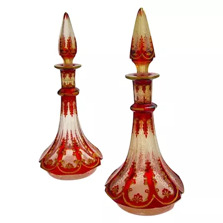 A Tall Pair Antique Bohemian Deep Ruby Red Glass Perfume Bottles : Grand Tour Antiques | Ruby Lane